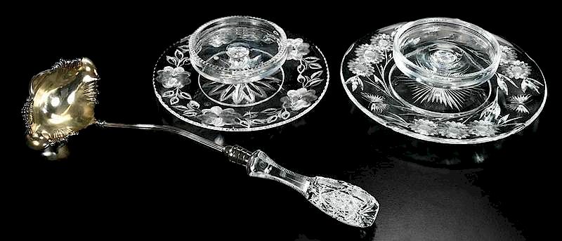 Appraisal: Cut Glass Punch Ladle Cheese and Cracker Trays possibly Continental