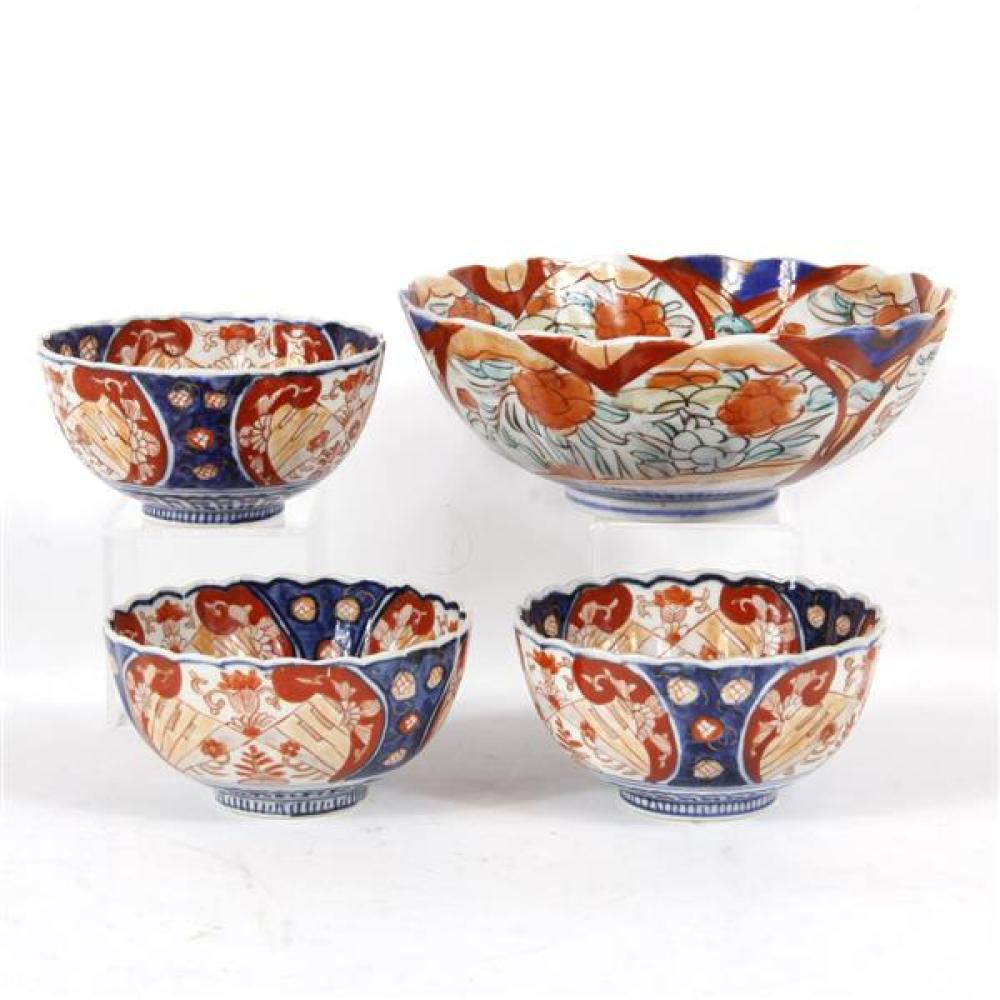 Appraisal: FOUR JAPANESE IMARI BOWLS THREE BERRY BOWLS WITH MOTH MOTIF