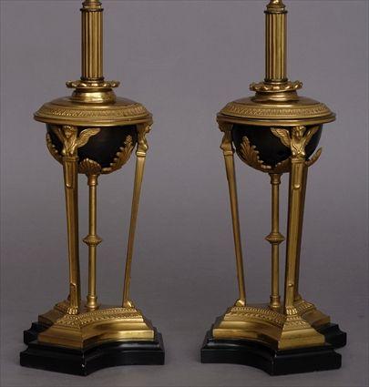 Appraisal: PAIR OF EMPIRE-STYLE BRONZE AND GILT-METAL ANTHIMIENNES MOUNTED AS LAMPS