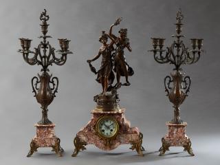 Appraisal: Three Piece Art Nouveau Patinated Spelter and Marb Three Piece