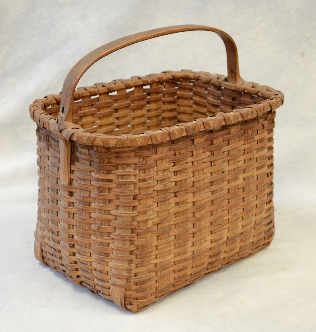 Appraisal: Oak splint high rectangular basket wrapped rim cut nail construction