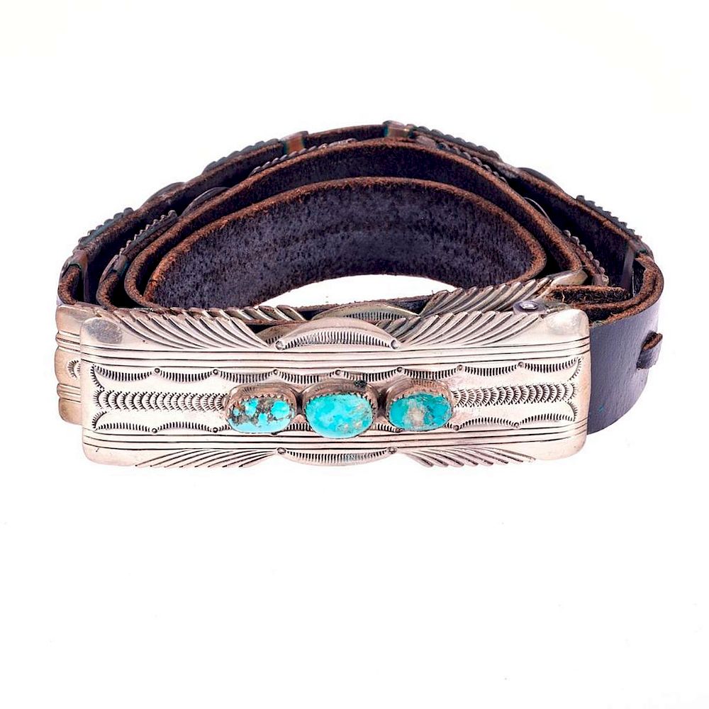 Appraisal: Old Pawn Concho Belt Old Pawn Navajo concho turquoise silver