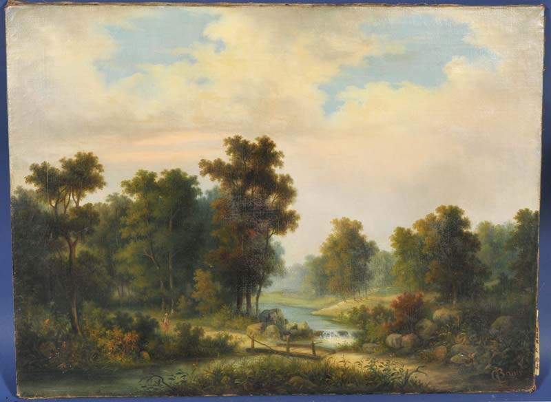 Appraisal: G L Bauer Landscape with Figure and Footbridge x oil