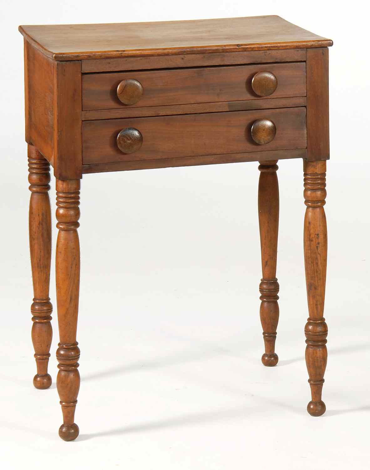 Appraisal: ANTIQUE AMERICAN TWO-DRAWER WORK TABLE In pine with mahogany veneered