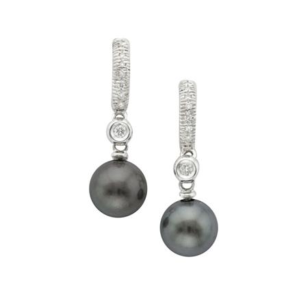 Appraisal: Pair of White Gold Black Cultured Pearl and Diamond Pendant-Earrings