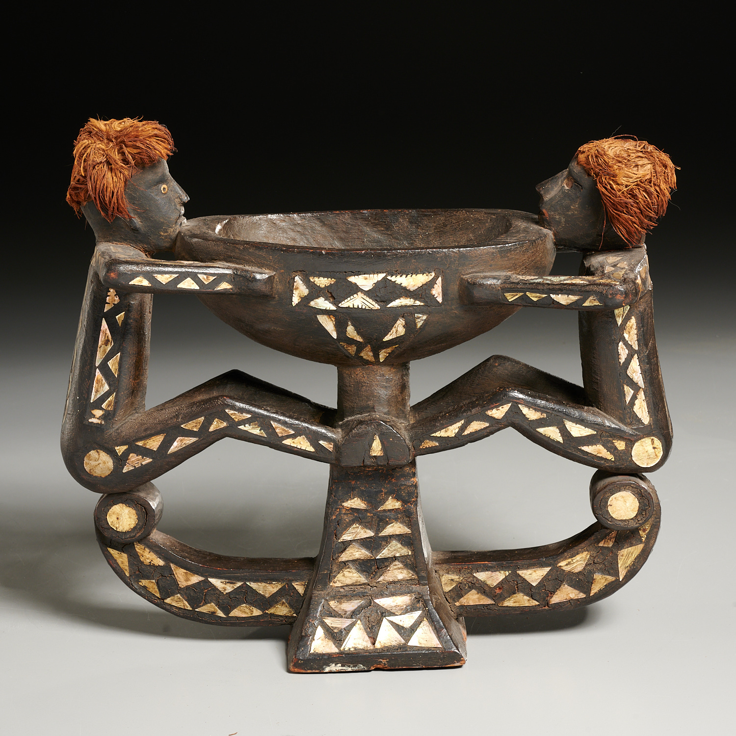 Appraisal: SOLOMON ISLANDS CEREMONIAL INLAID FIGURAL BOWL th th c openwork