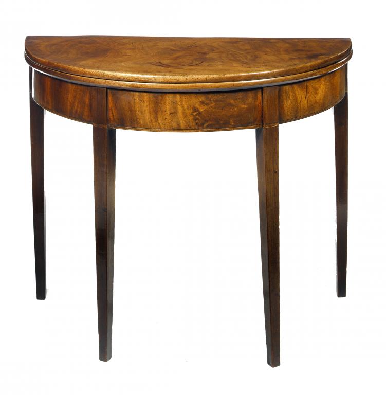 Appraisal: A GEORGE III MAHOGANY SEMI-CIRCULAR TEA TABLE with richly figured