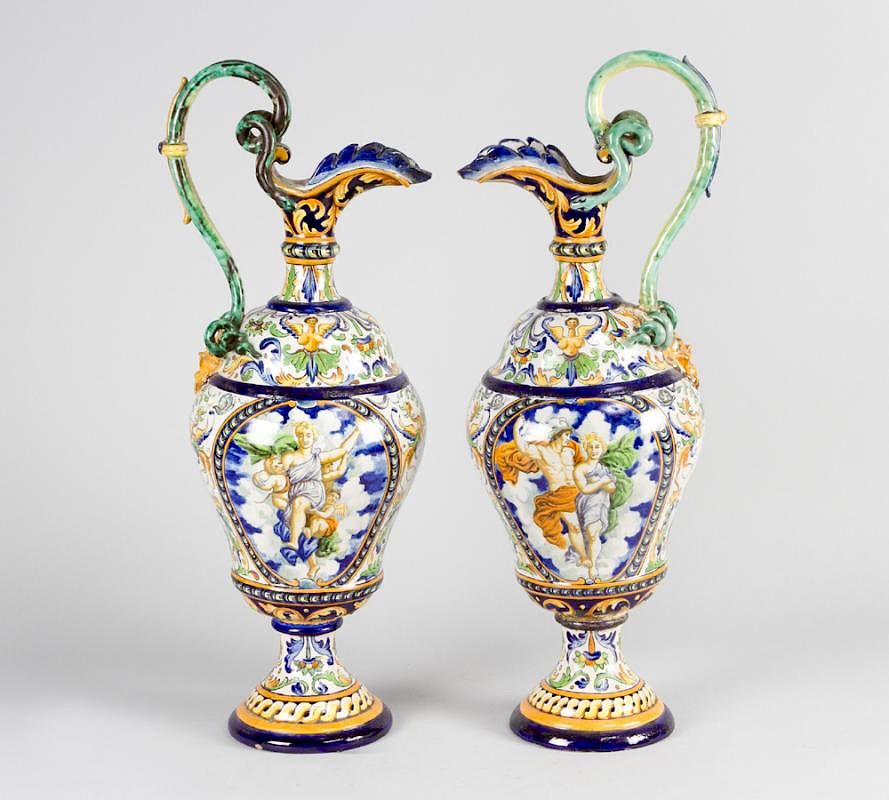 Appraisal: A pair of large Italian Majolica jugs A pair of