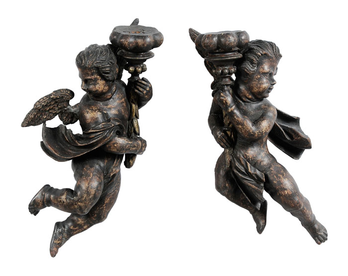 Appraisal: Pair Carved and Painted Cupids probably Italian th century holding