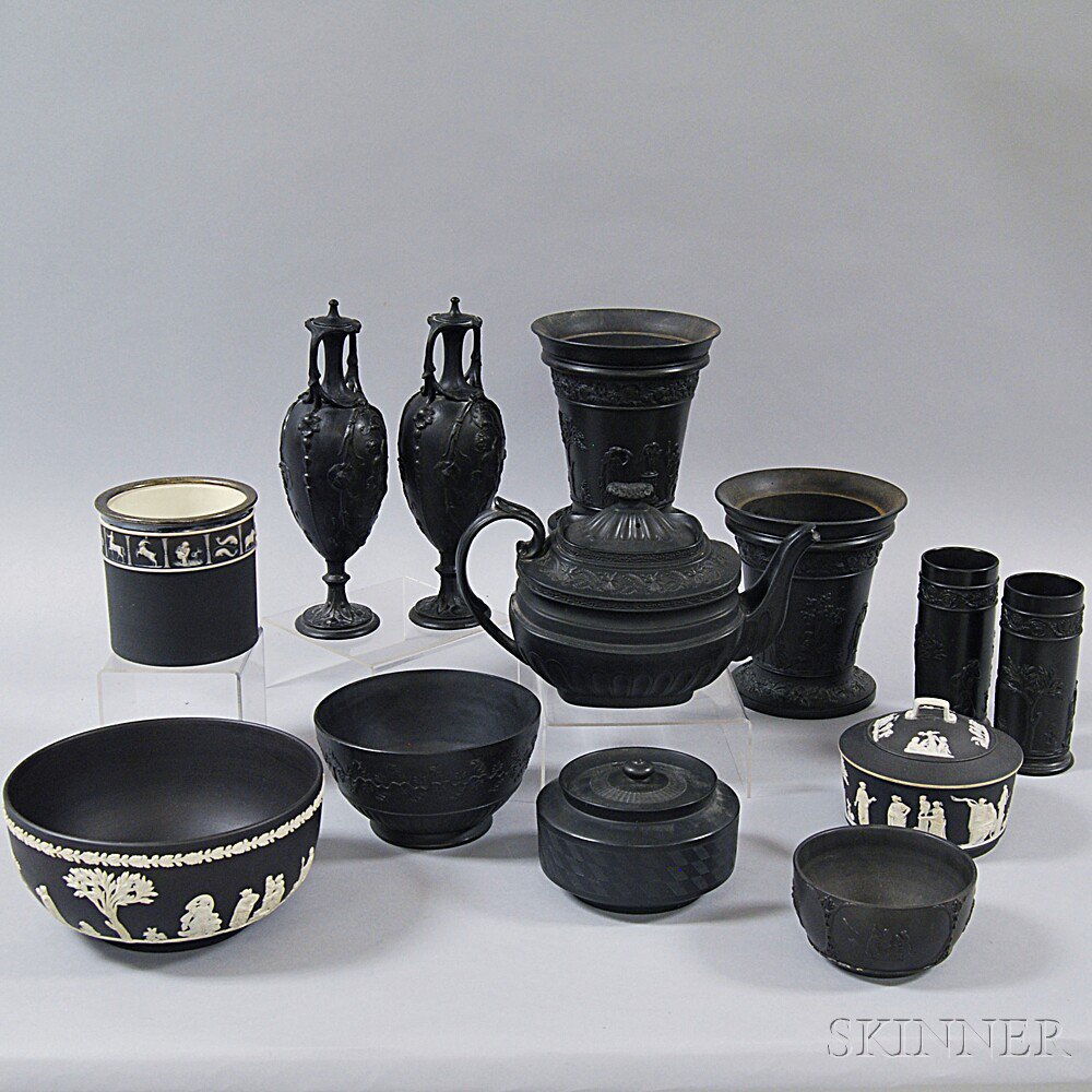 Appraisal: Thirteen Mostly Wedgwood Black Basalt Items a pair of Wedgwood