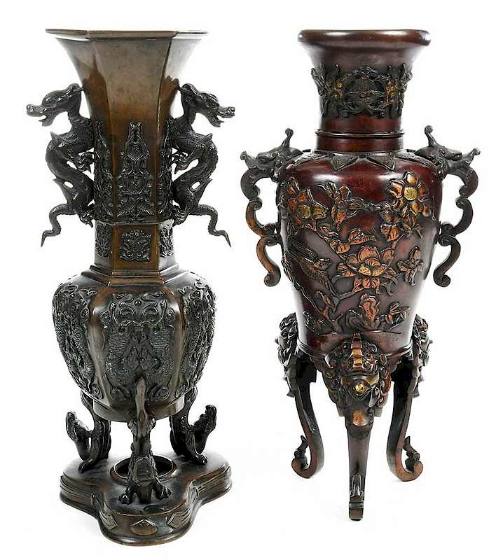 Appraisal: Two Asian Bronze Relief Decorated Footed Vases probably Chinese th