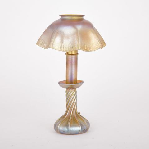 Appraisal: Tiffany Favrile Iridescent Glass Candlestick Lamp early th century minor