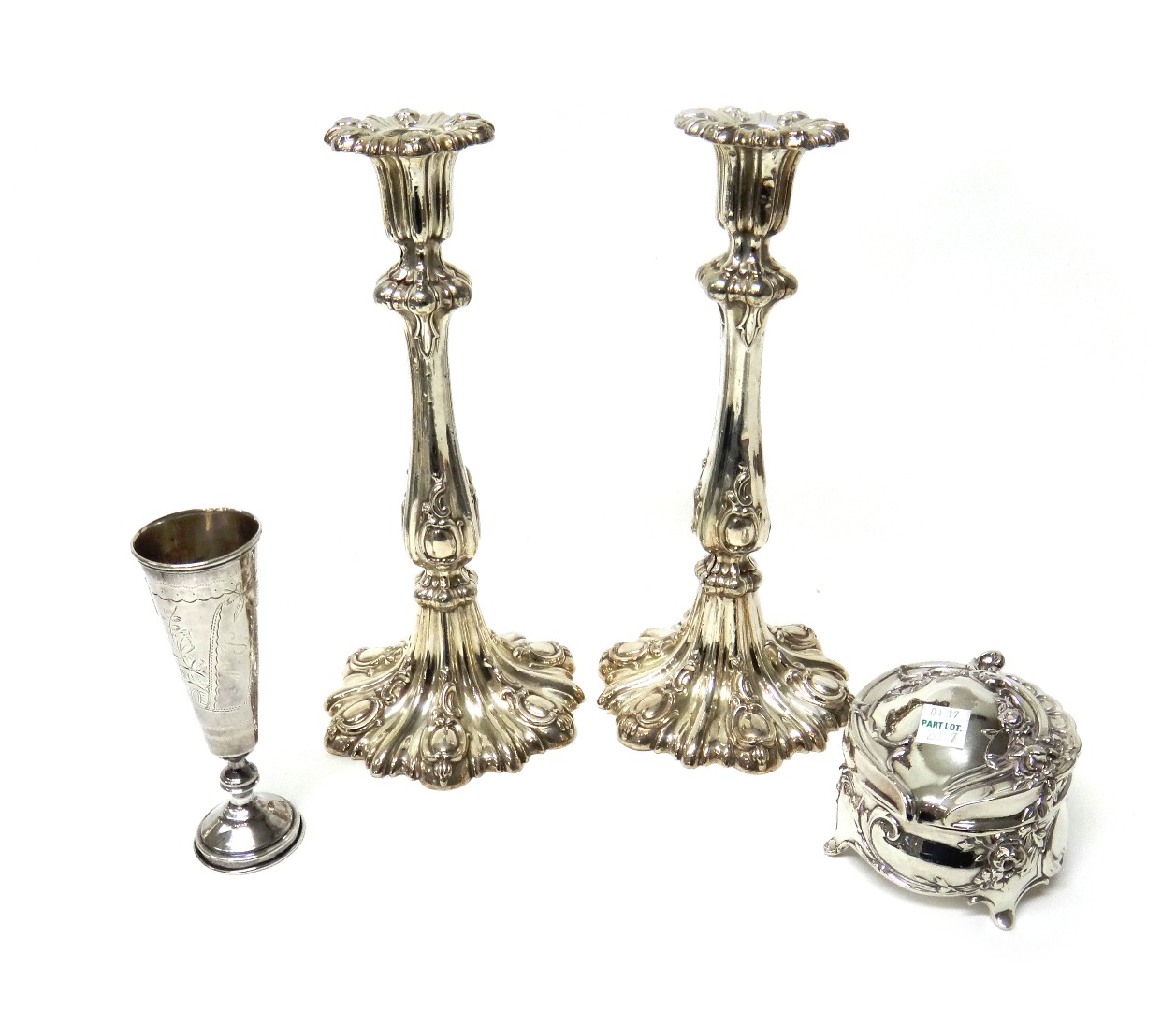 Appraisal: A pair of plated table candlesticks each with a baluster