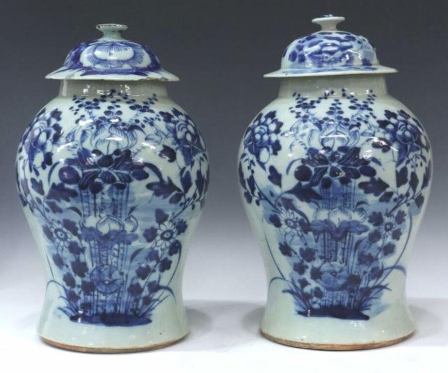 Appraisal: pair Chinese porcelain lidded temple jars each with blue floral