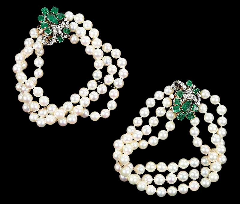 Appraisal: Pair kt Pearl Emerald and Diamond Bracelets knotted each bracelet