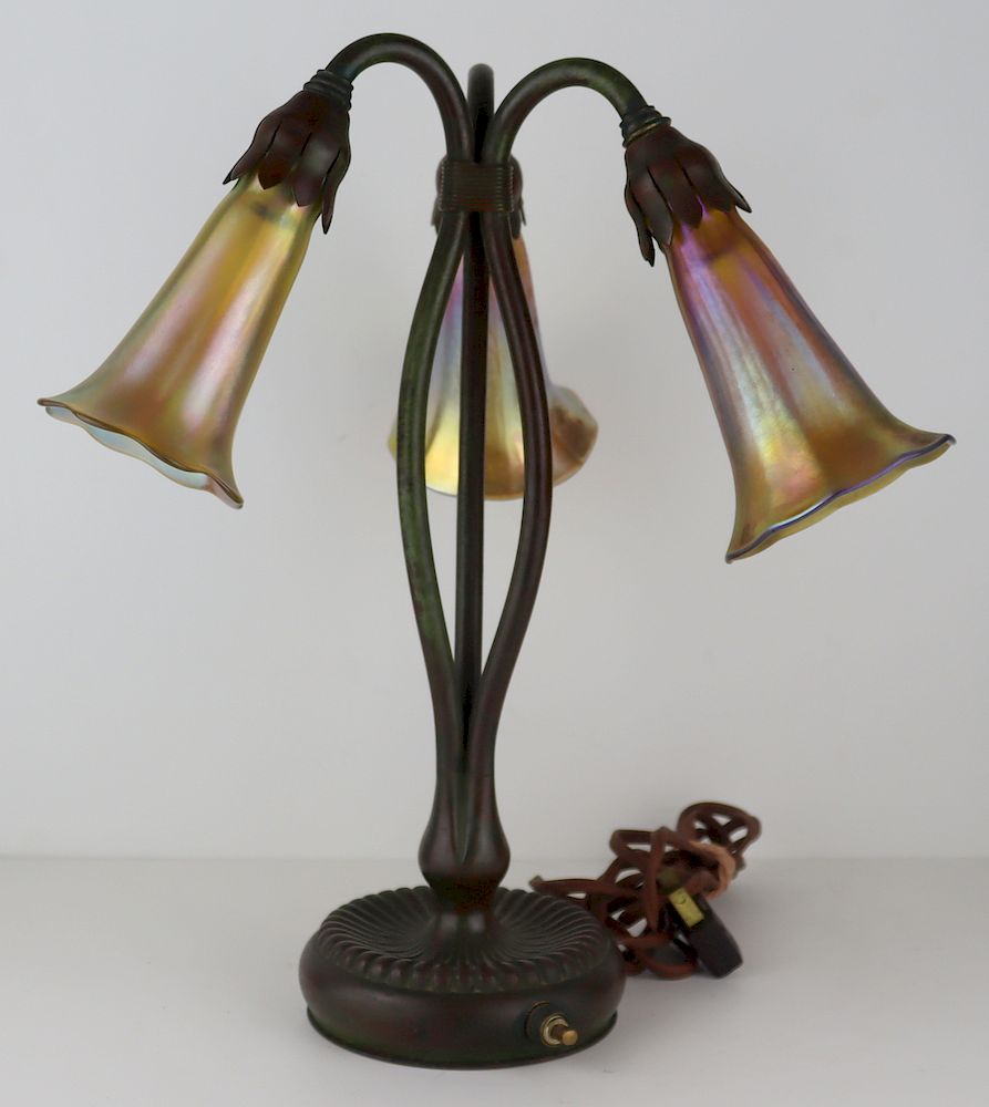 Appraisal: Tiffany Studios Bronze Favrile Table Lamp Tiffany Studios bronze tulip