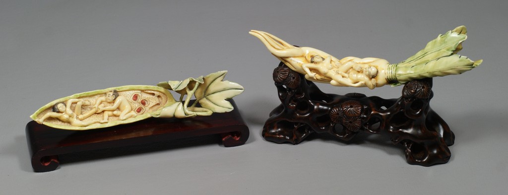 Appraisal: Mammoth Ivory Erotic Japanese Carved Vegetables with Stands largest -