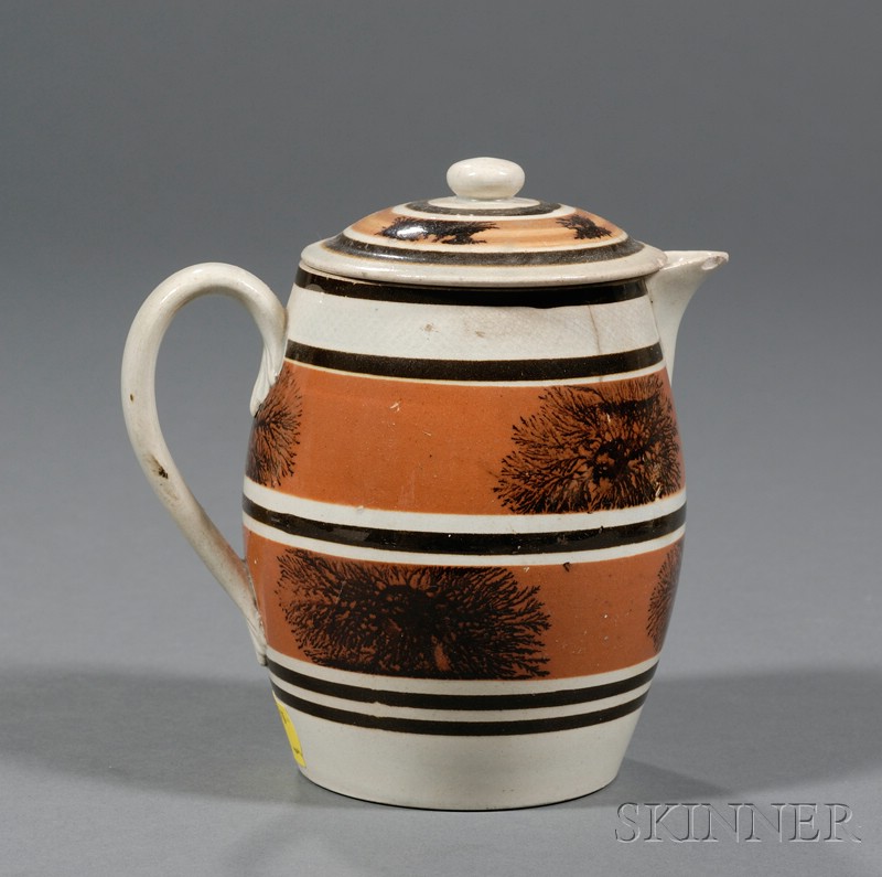 Appraisal: Mochaware Pitcher with a Cover Britain early th century barrel-form