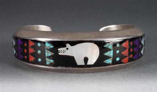 Appraisal: Silver and inlaid stone polar bear motif decorated cuff bracelet