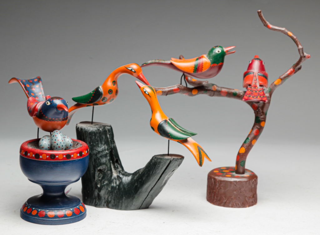 Appraisal: THREE FOLK ART BIRDS BY DON NOYES Ohio nd half