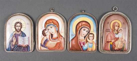 Appraisal: Four Russian enamel icons in silvered metal frames three depicting