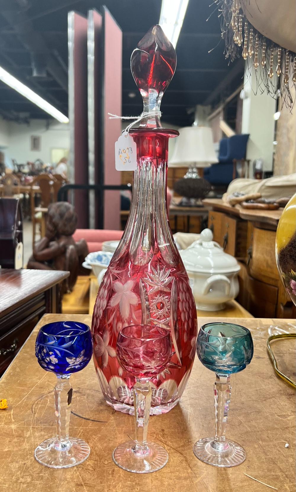 Appraisal: BOHEMIAN CRANBERRY-TO-CLEAR CUT CRYSTAL DECANTER AND THREE SHERRIESBohemian Cranberry-to-Clear Cut