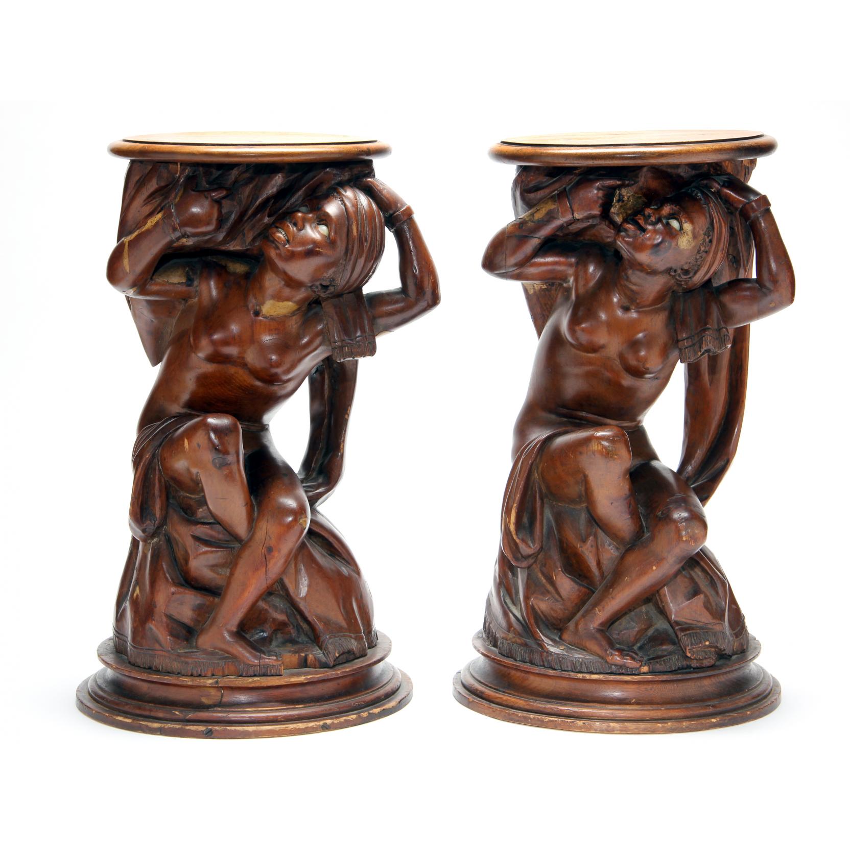 Appraisal: A Near Pair of Italian Carved Wooden Figural Stands late