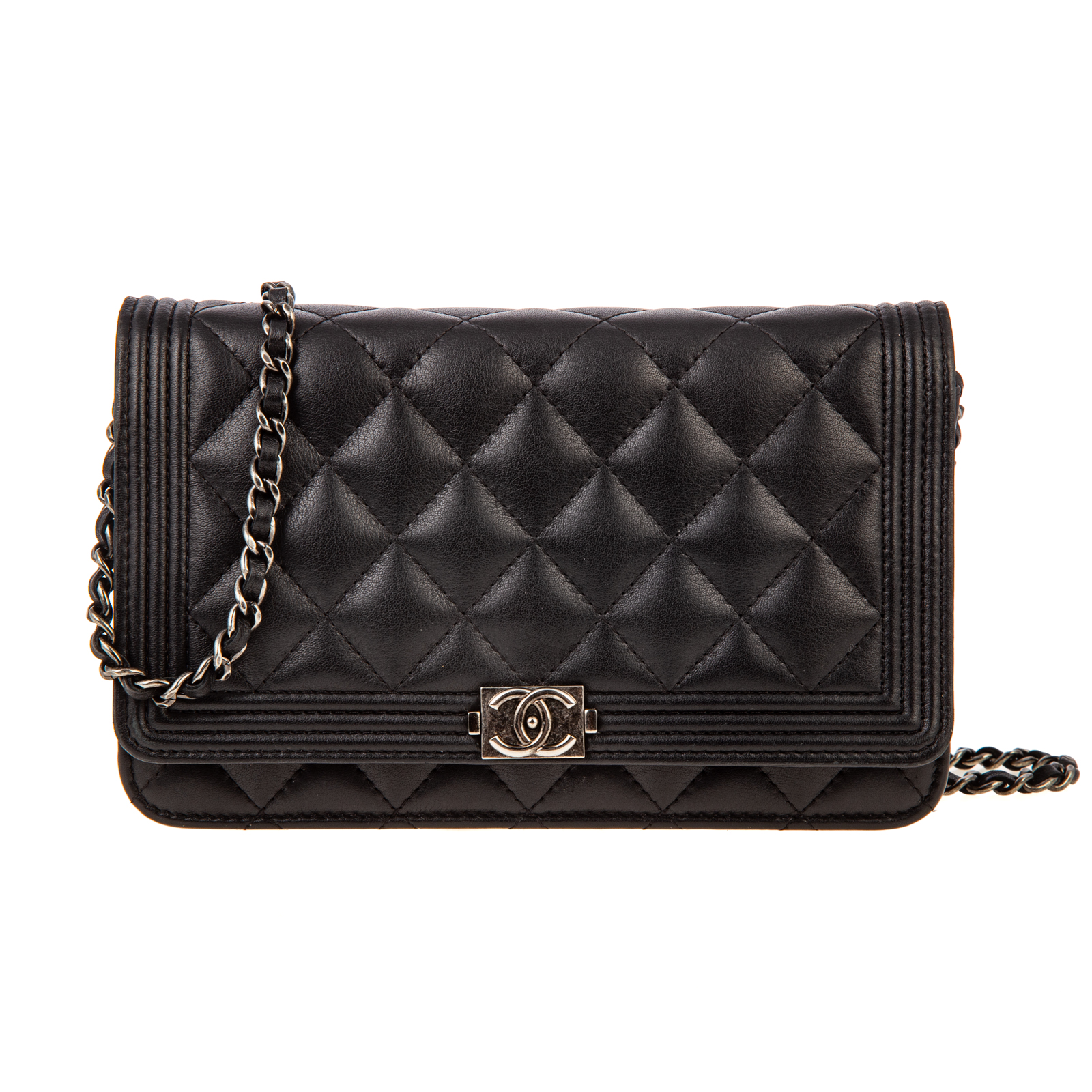 Appraisal: A CHANEL BOY WALLET ON CHAIN A black Lambskin leather