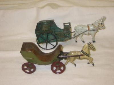 Appraisal: A German tin penny toy horse drawn cart c long