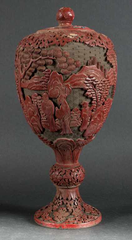 Appraisal: Chinese cinnabar covered cup th century decoration depicting scholars in