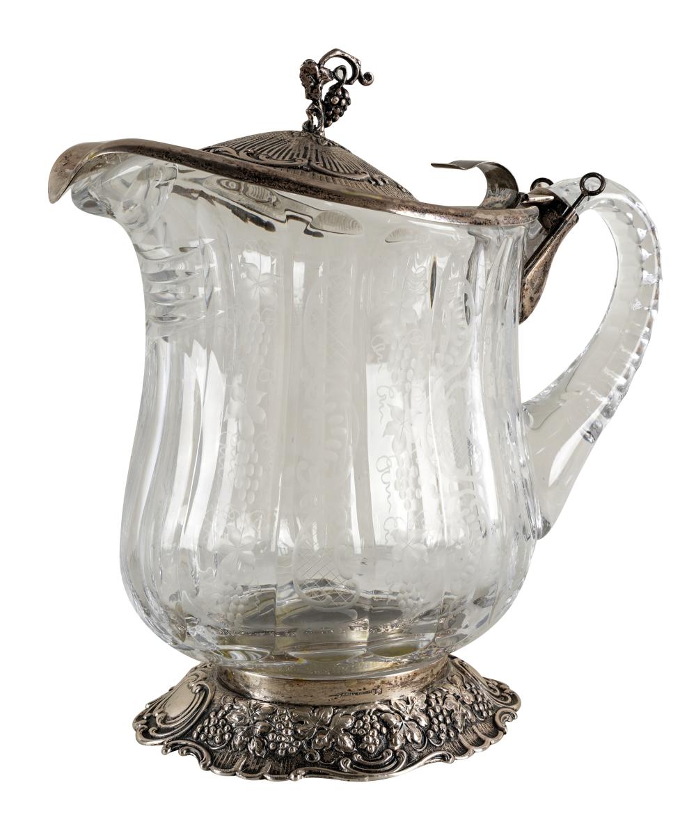 Appraisal: SILVER-MOUNTED ETCHED GLASS PITCHERmarked to foot unidentified maker's mark and