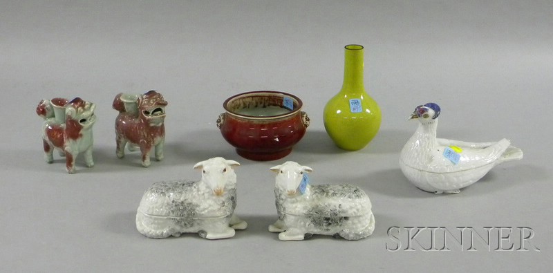 Appraisal: Seven Assorted Chinese Porcelain Items a pair of sheep-form lidded