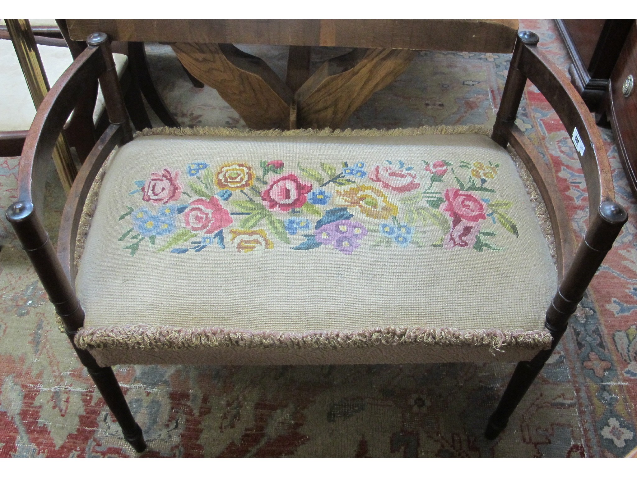 Appraisal: A mahogany window seat with woolwork embroidery