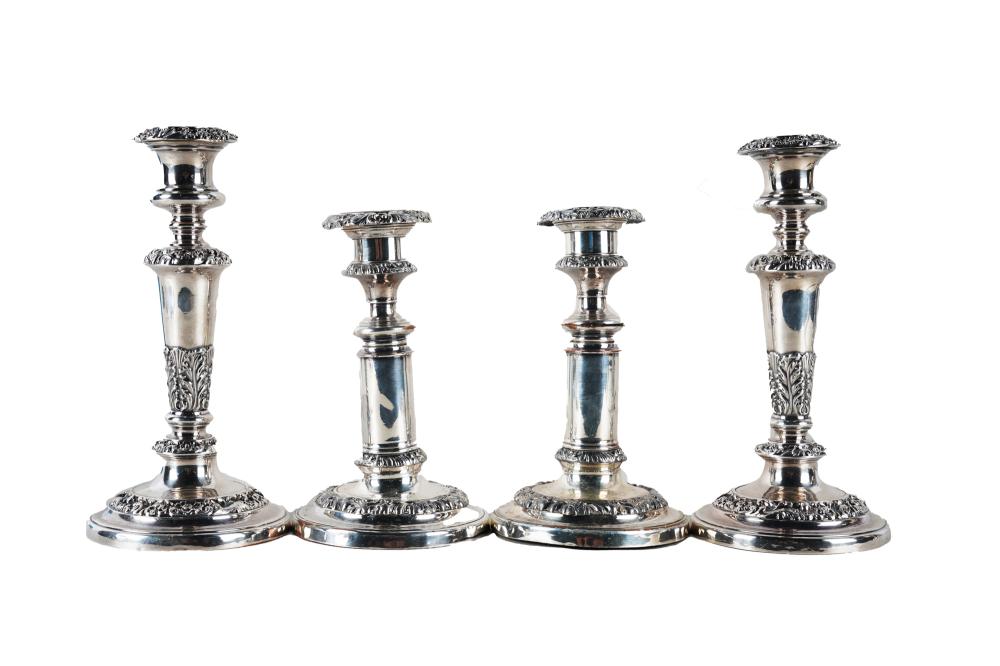 Appraisal: TWO PAIRS OF SILVER-PLATE CANDLESTICKSincluding one extendable pair extended pair