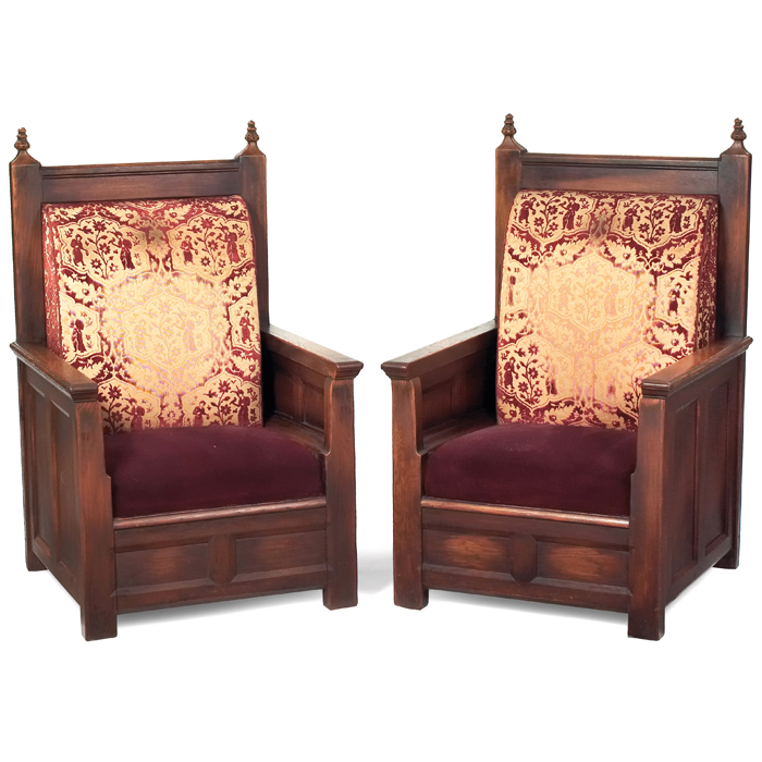 Appraisal: Massive Arts and Crafts armchairs pair paneled form with worn