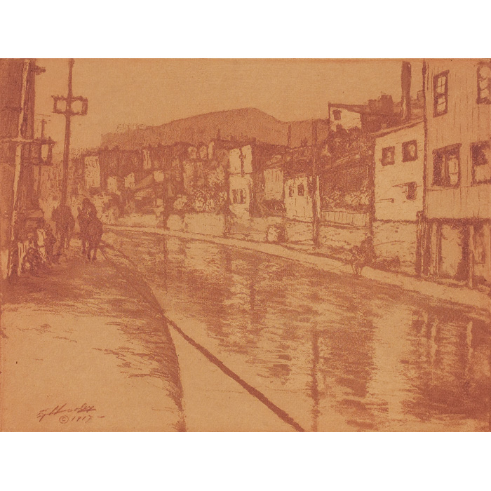 Appraisal: Unusual E T Hurley etching canal scene printed in red