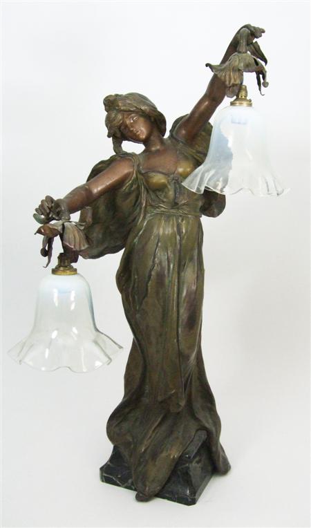 Appraisal: K P MOREAU ART NOUVEAU PATINATED SPELTER TABLE LAMP CIRCA