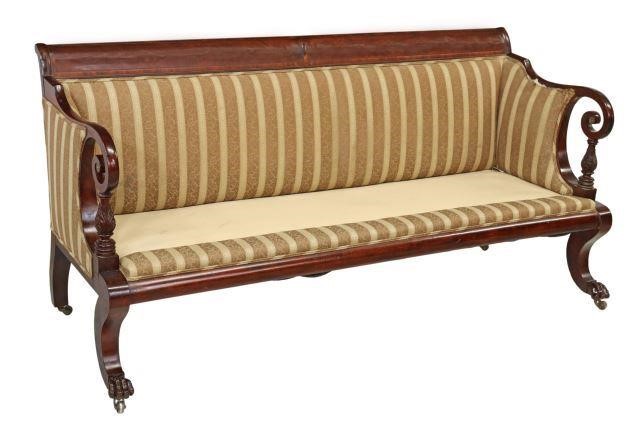 Appraisal: American Transitional Empire upholstered sofa th c having curved mahogany