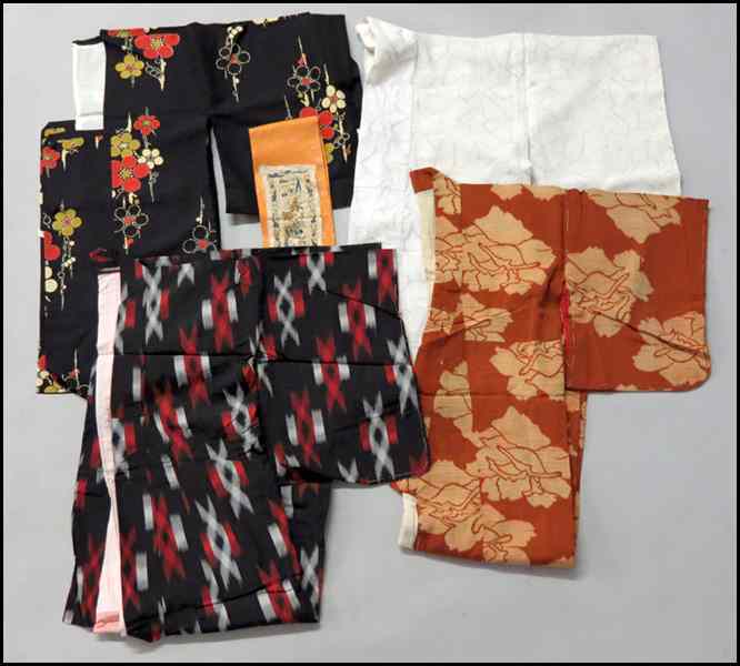 Appraisal: FOUR JAPANESE KIMONOS Together with an obi and an embroidered