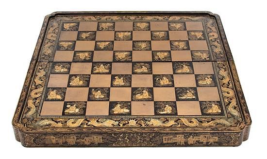 Appraisal: A Chinese Export Gilt Decorated Black Lacquer Folding Game Board