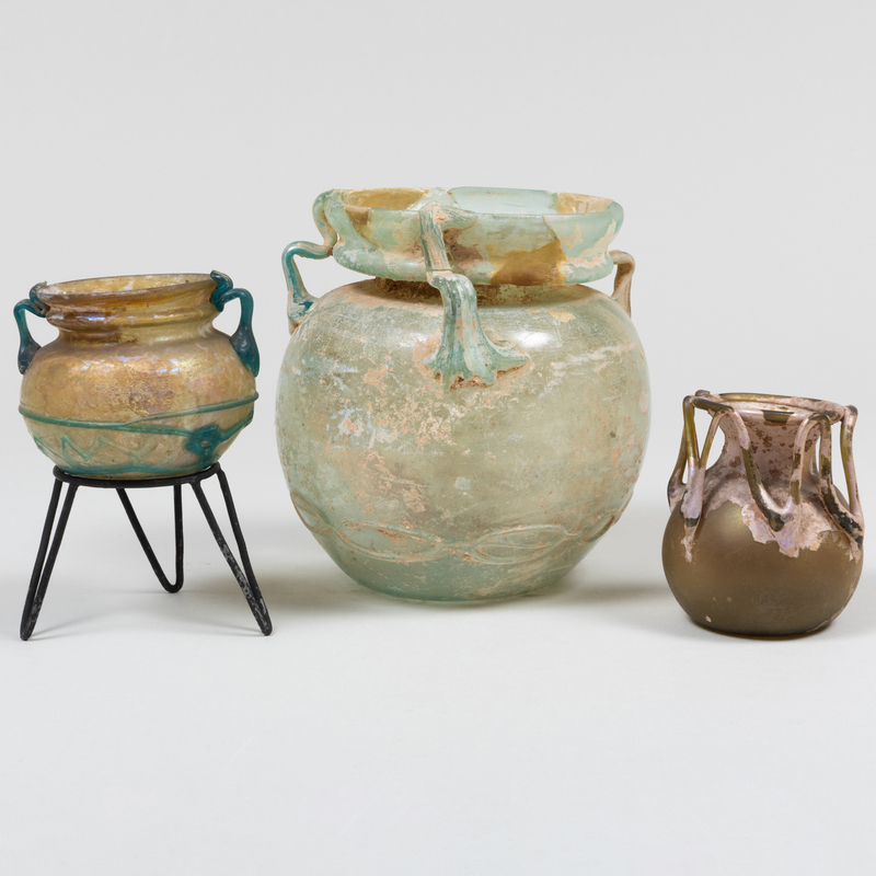 Appraisal: Group of Three Roman Glass Aryballos The largest in x