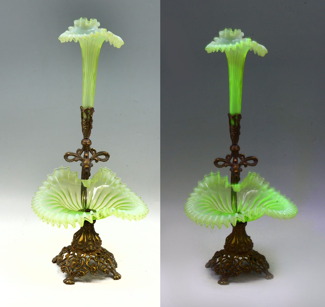 Appraisal: METAL MOUNTED VASELINE GLASS EPERGNE Victorian Vaseline glass epergne with