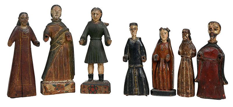 Appraisal: Seven Carved and Polychromed Santos Figures Spanish Colonial th early