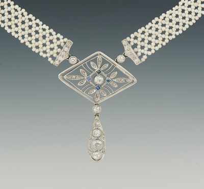 Appraisal: A Ladies' Edwardian-Style Diamond and Seed Pearl Necklace Delicate k