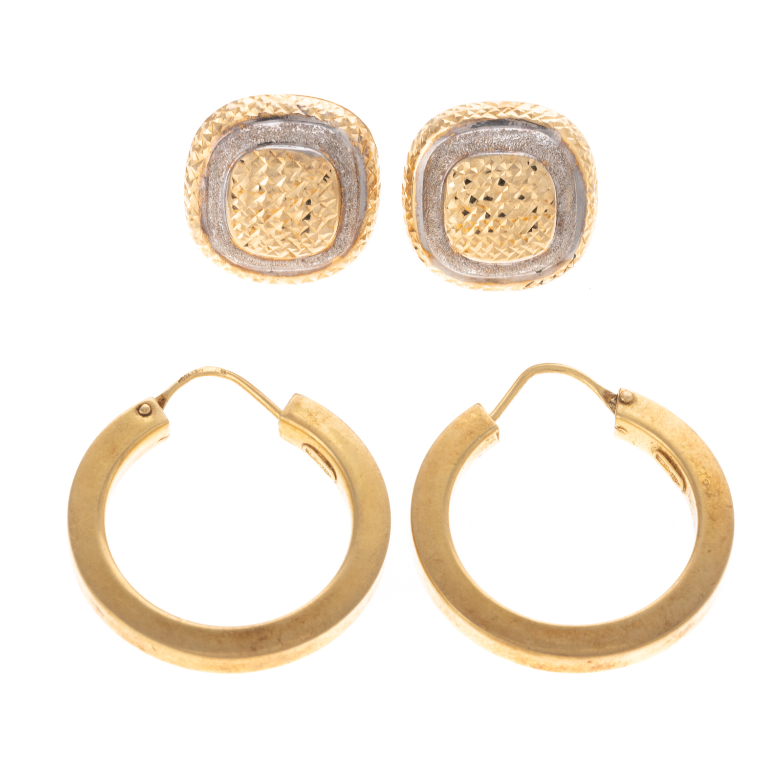 Appraisal: A PAIR OF HOOPS A PAIR OF BUTTON EARRINGS IN