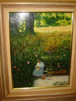 Appraisal: JACK CUDWORTH Woman Sewing in a Flower Garden signed on