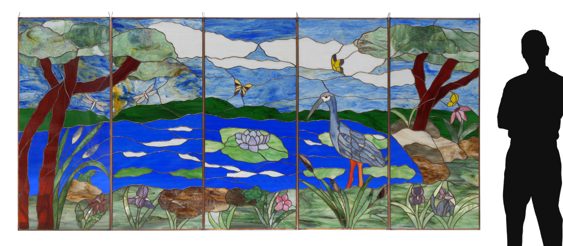 Appraisal: PANEL STAINED GLASS WINDOWS POND SCENE Contemporary series of stained