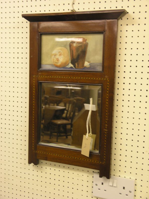 Appraisal: An Arts and Crafts inlaid mahogany mirror with inset watercolour