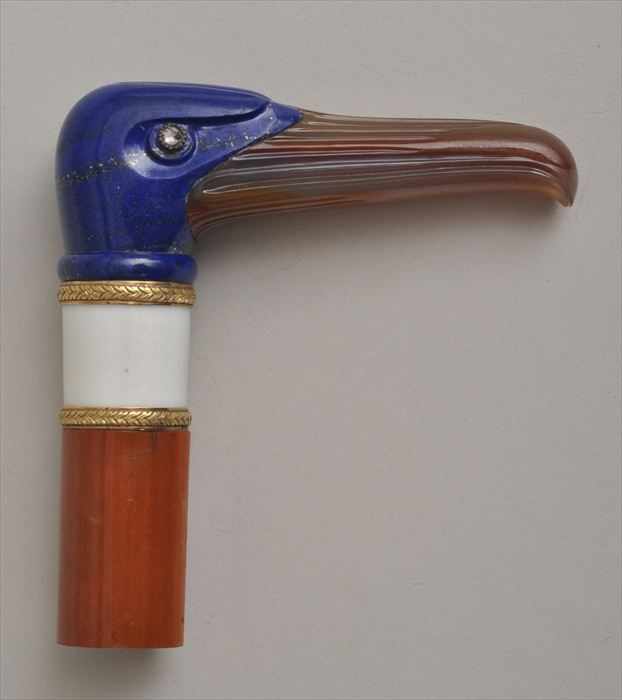 Appraisal: CARVED LAPIS-LAZULI AGATE GOLD AND ENAMEL CANE HANDLE Marked with