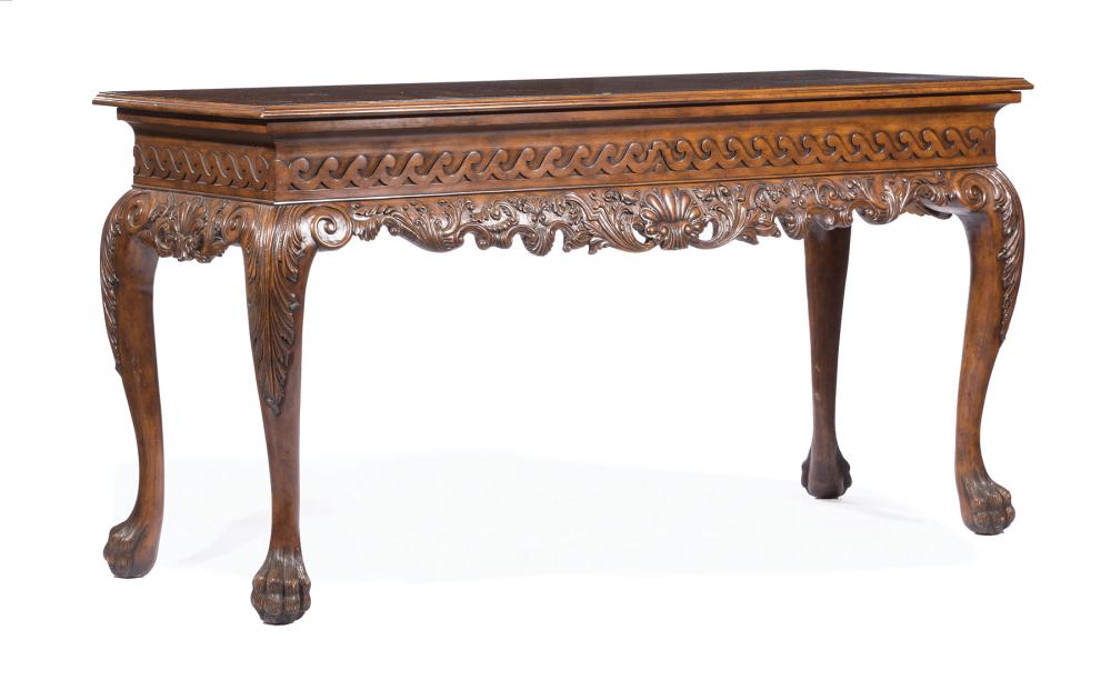 Appraisal: Irish-Style Burled and Inlaid Carved Mahogany Console molded top wave